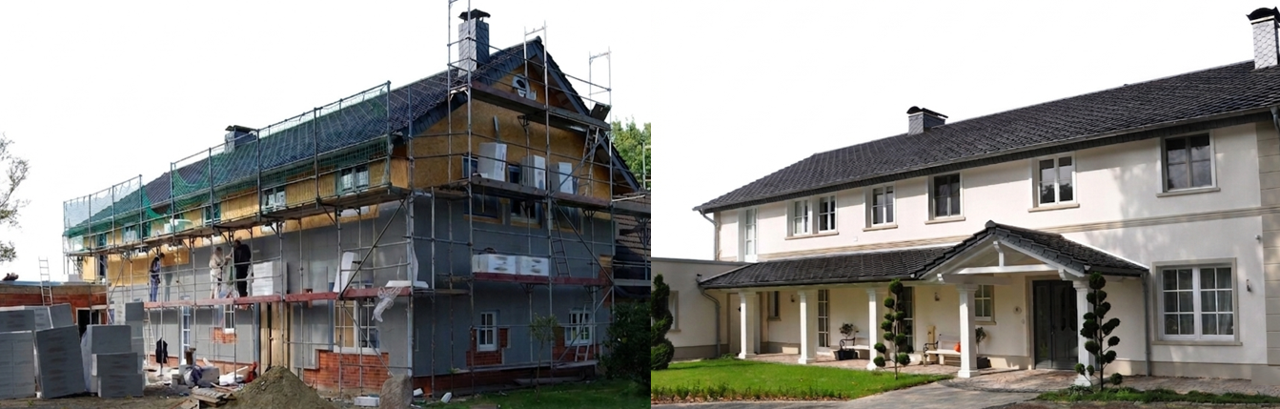 Isolation Rénovation Solutions Efficaces : avant/après isolation extérieure d’un bâtiment ossature bois avec enduit BAUMIT Orpa Matériaux Elaustore