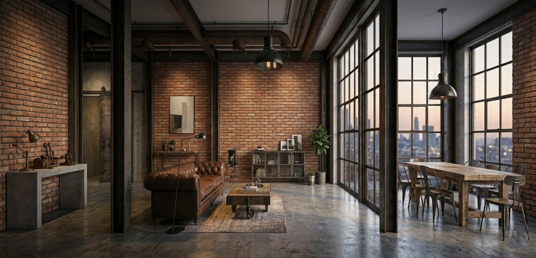Briques de parement intérieur dans un salon style Loft Industriel avec parements décoratifs vendus par Orpa Matériaux Elaustore