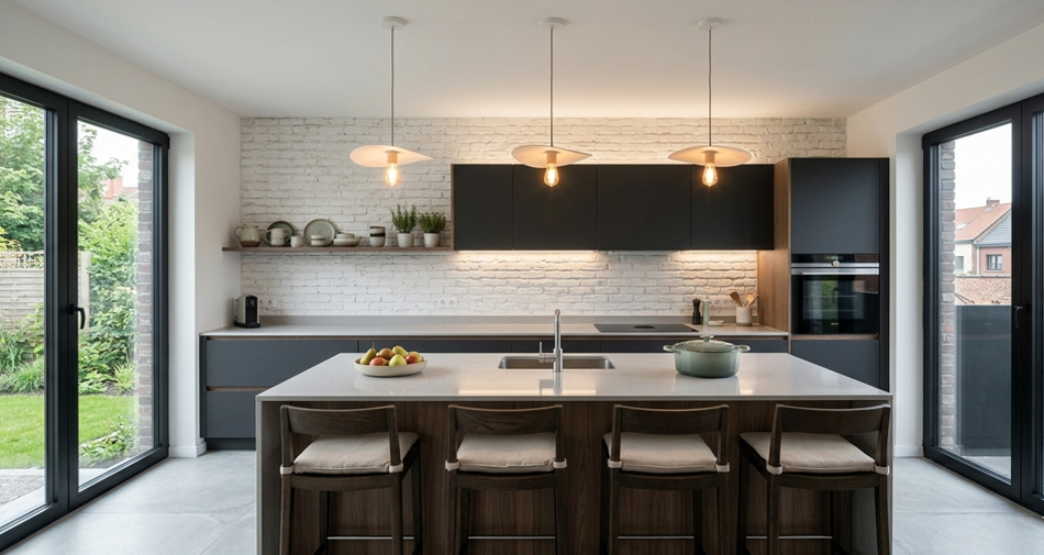 Briques de parement intérieur blanches dans une cuisine moderne avec parements décoratifs Orpa Matériaux Elaustore