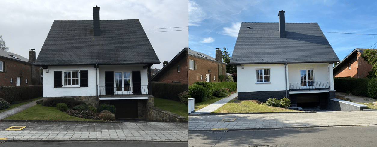 Pourquoi Isolation par l'Extérieure : maison avant et après rénovation avec isolation thermique par l’extérieur BAUMIT, finition crépi et plaquettes de pierre en soubassement chez Orpa Matériaux (Elaustore).