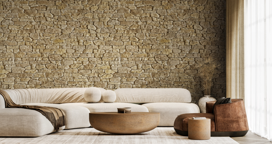 Valoriser Murs Intérieurs Maison avec mur intérieur en pierre reconstituée à joint sec dans un salon moderne.