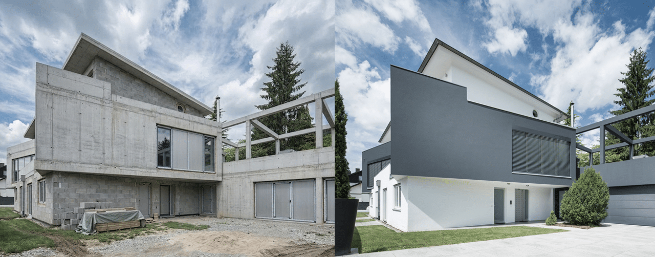 Villa moderne avant et après travaux d’ITE avec finition en crépi, illustrant pourquoi isolation par l’extérieure améliore la performance énergétique et l’esthétique grâce aux systèmes BAUMIT disponibles chez Orpa Matériaux (Elaustore).