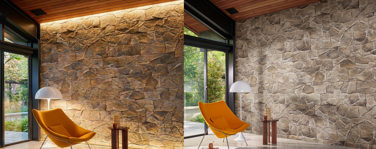 Éclairage mur pierre reconstituée intérieur comparant lumière naturelle et éclairage avec luminaire mettant en valeur les textures