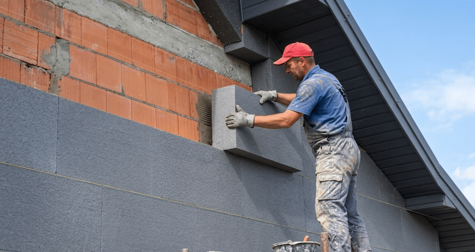 ourquoi choisir polystyrène expansé : façadier posant des panneaux isolants graphités BAUMIT pour système ITE sur façade d’habitation – Orpa Matériaux Elaustore
