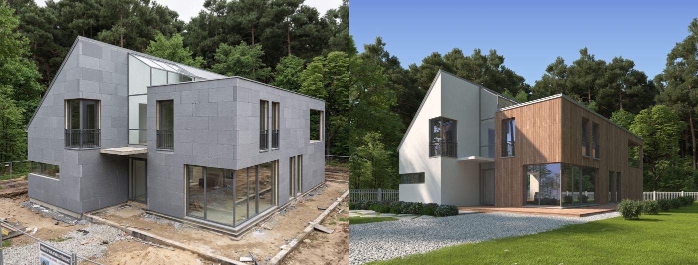 Isolation maison points clés : façades d’habitation avec panneaux isolants BAUMIT et rendu final confort thermique