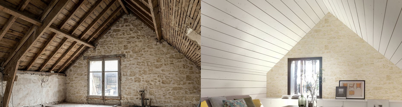 Aménagement combles points essentiels : transformation avant/après d’un espace sous toiture en pièce de vie, avec habillage mural en parement ORSOL disponible chez Orpa Matériaux (Elaustore).
