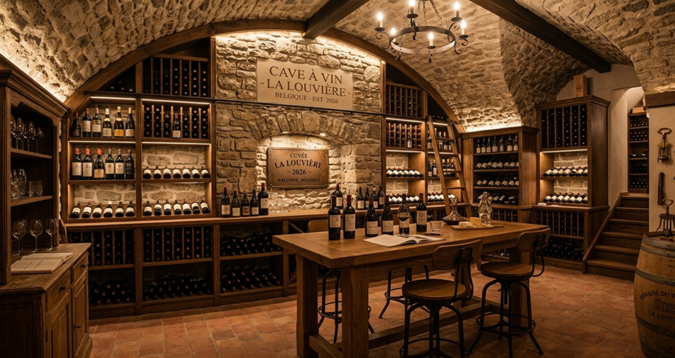 Décoration mur cave vin avec parement en plaquettes de pierre VERNIPRENS et aménagement en bois pour cave à vin élégante et authentique