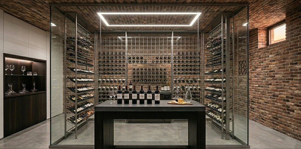 Décoration mur cave vin avec parement en plaquette de brique VERNIPRENS et aménagement contemporain pour cave à vin design