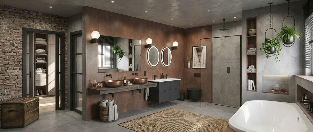 Pierre brique salle bain avec enduit décoratif effet Tadelakt BAUMIT pour salle de bain moderne et résistante à l’humidité