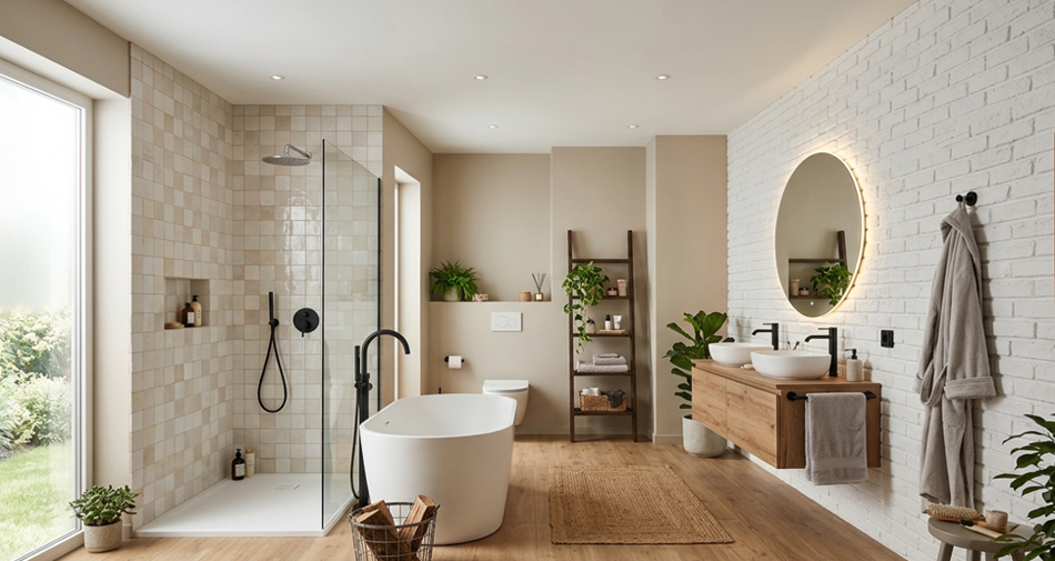Pierre brique salle bain avec mur en revêtement brique blanche décorative VERNIPRENS pour salle de bain moderne et étanche