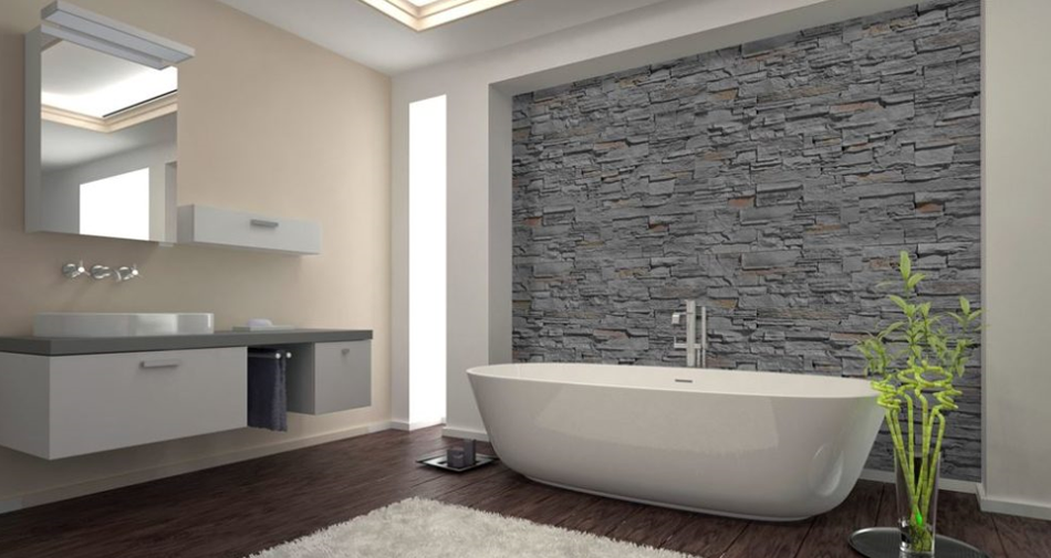 Pierre brique salle bain avec mur en pierre reconstituée à joints serrés VERNIPRENS pour salle de bain moderne et résistante à l’humidité