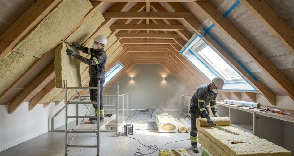 Aménagement combles points essentiels : isolation intérieure des combles d’une habitation avec mise en œuvre d’isolant sous toiture et finition murale en parement ORSOL disponible chez Orpa Matériaux (Elaustore).