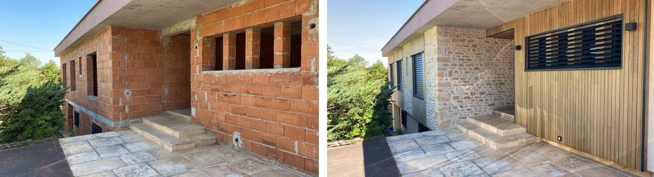 Isoler maison pierre conseils : avant et après travaux de rénovation d'une maison en bloc de terre cuite, avec système ITE et finitions en pierre reconstituée et bardage bois. Isolation thermique extérieure efficace et esthétique, avec produits BAUMIT et VERNIPRENS disponibles chez Orpa Matériaux.