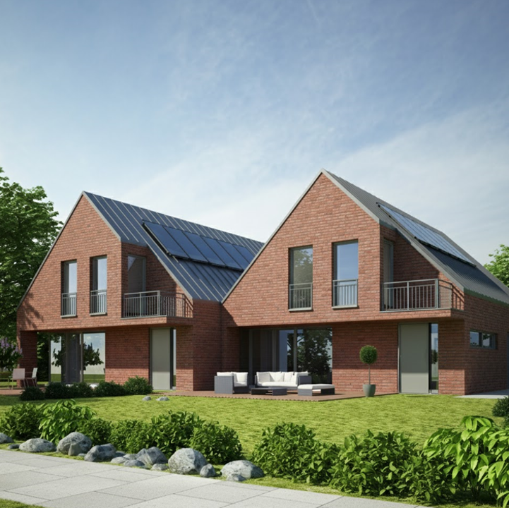 Parements muraux pour isolations extérieures en brique Chromatik ORSOL, intégrés à des villas contemporaines mixtes.