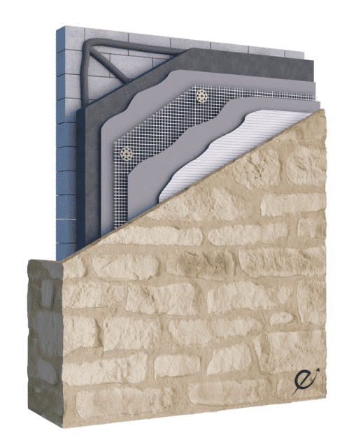 Parements muraux en système ETICS OrmaTherm Stone en vente chez Orpa Matériaux (Elaustore), combinant plaquette de pierre reconstituée Orsol et ITE le système performant pour isolation thermique et acoustique.