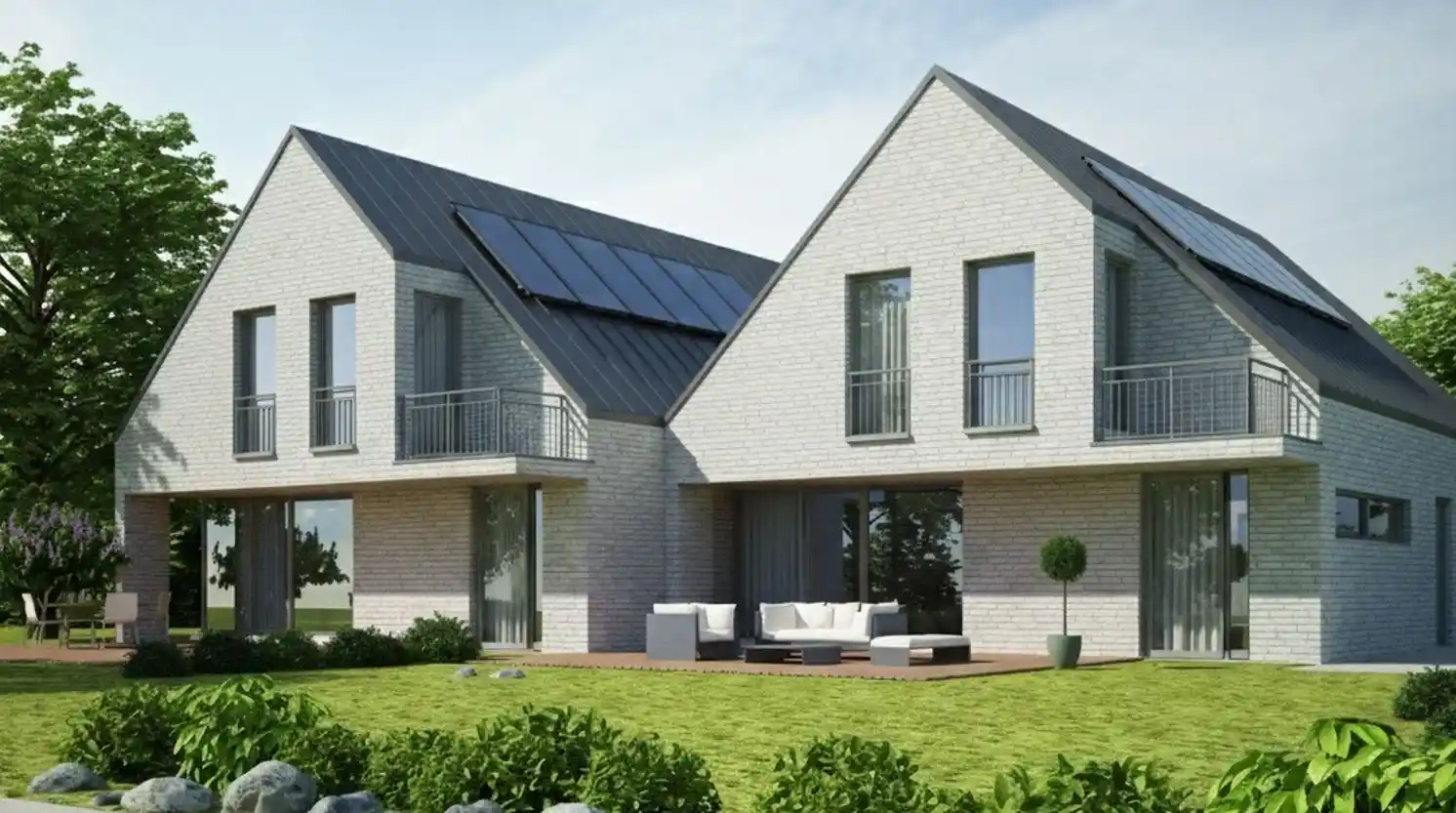 Parements muraux pour isolations extérieures en brique Chromatik ORSOL, intégrés à des villas contemporaines mixtes.