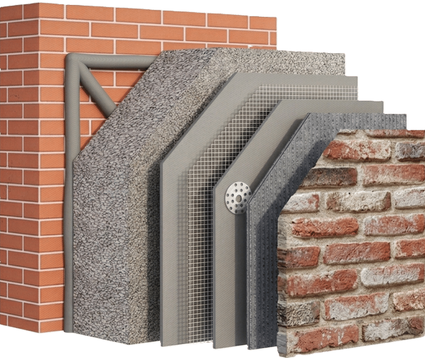 Système ITE avec parement brique Nostalgia en RASTONE – solution Pierres Reconstituées Rastone Pietraeco disponible chez Orpa Matériaux, offrant isolation thermique, protection optimale et design moderne.
